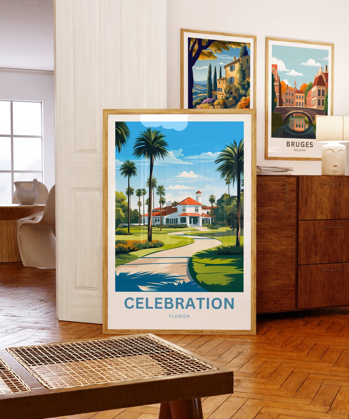 Celebration Florida Palm Trees White Manor Path Garden Travel Poster - Image 5