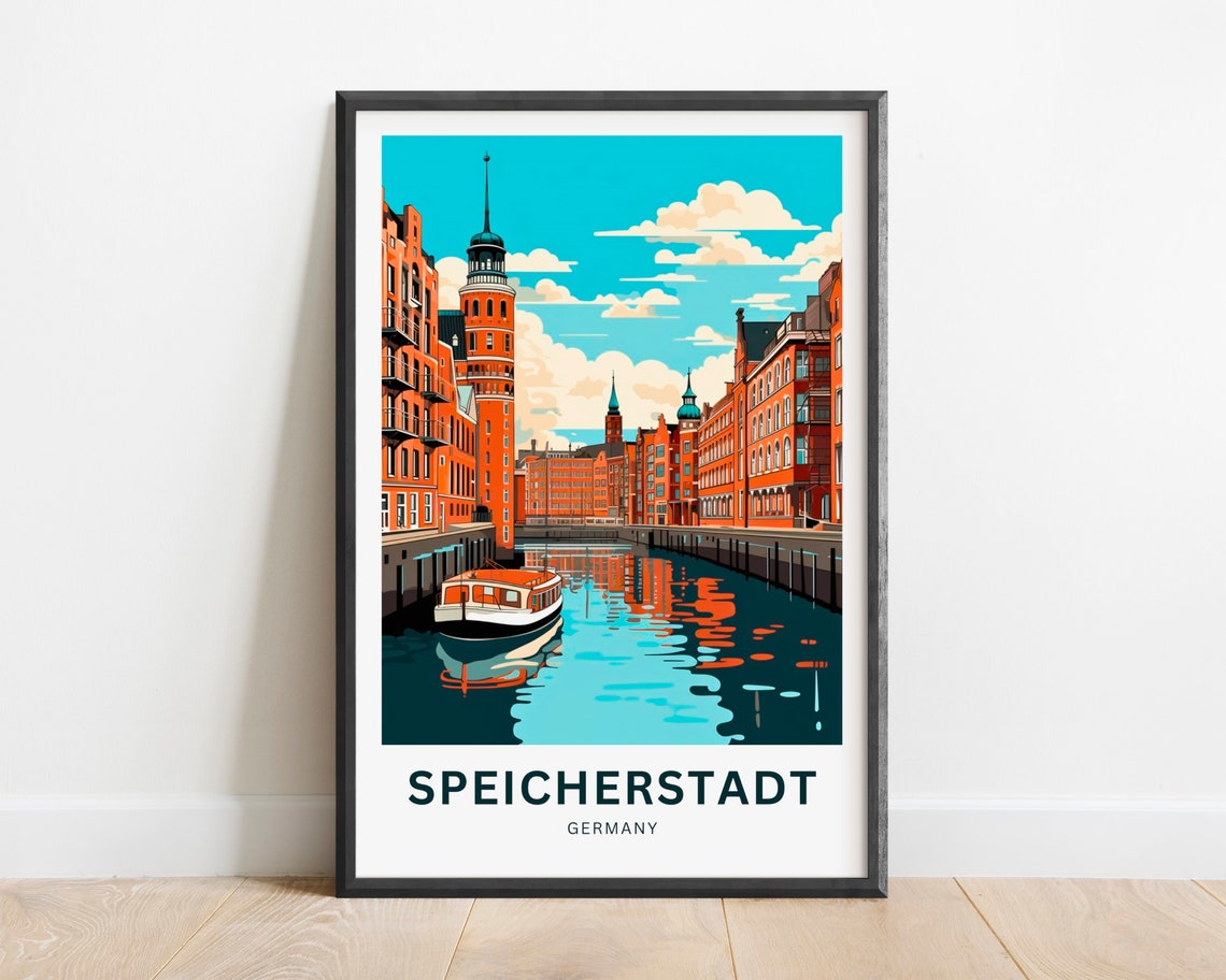 Speicherstadt Germany Boat Canal Reflections Brick District Poster
