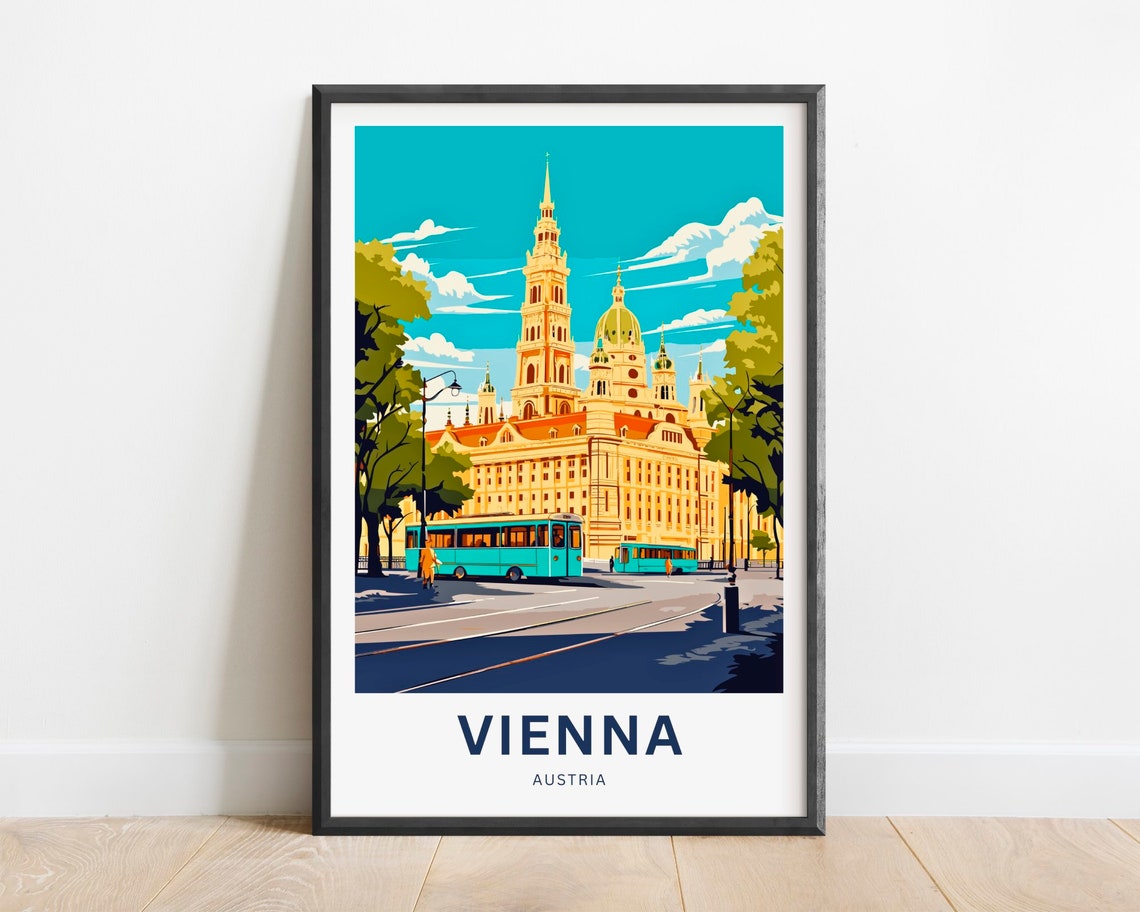Vienna Austria City Hall Spire Teal Tram Street Scene Poster