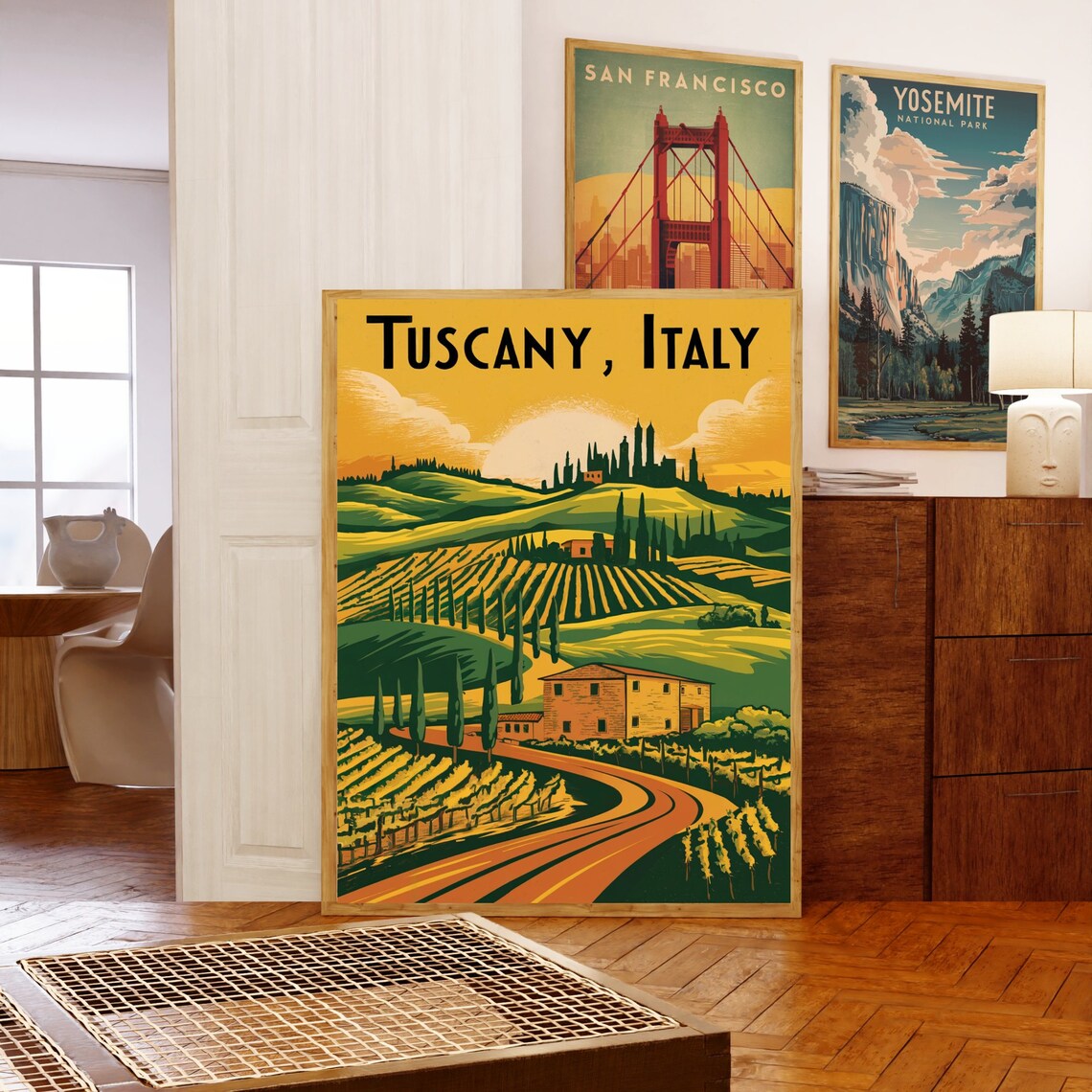 Tuscany Italy Sunset Vineyards Cypress Trees Hilltop Village Poster - Image 5