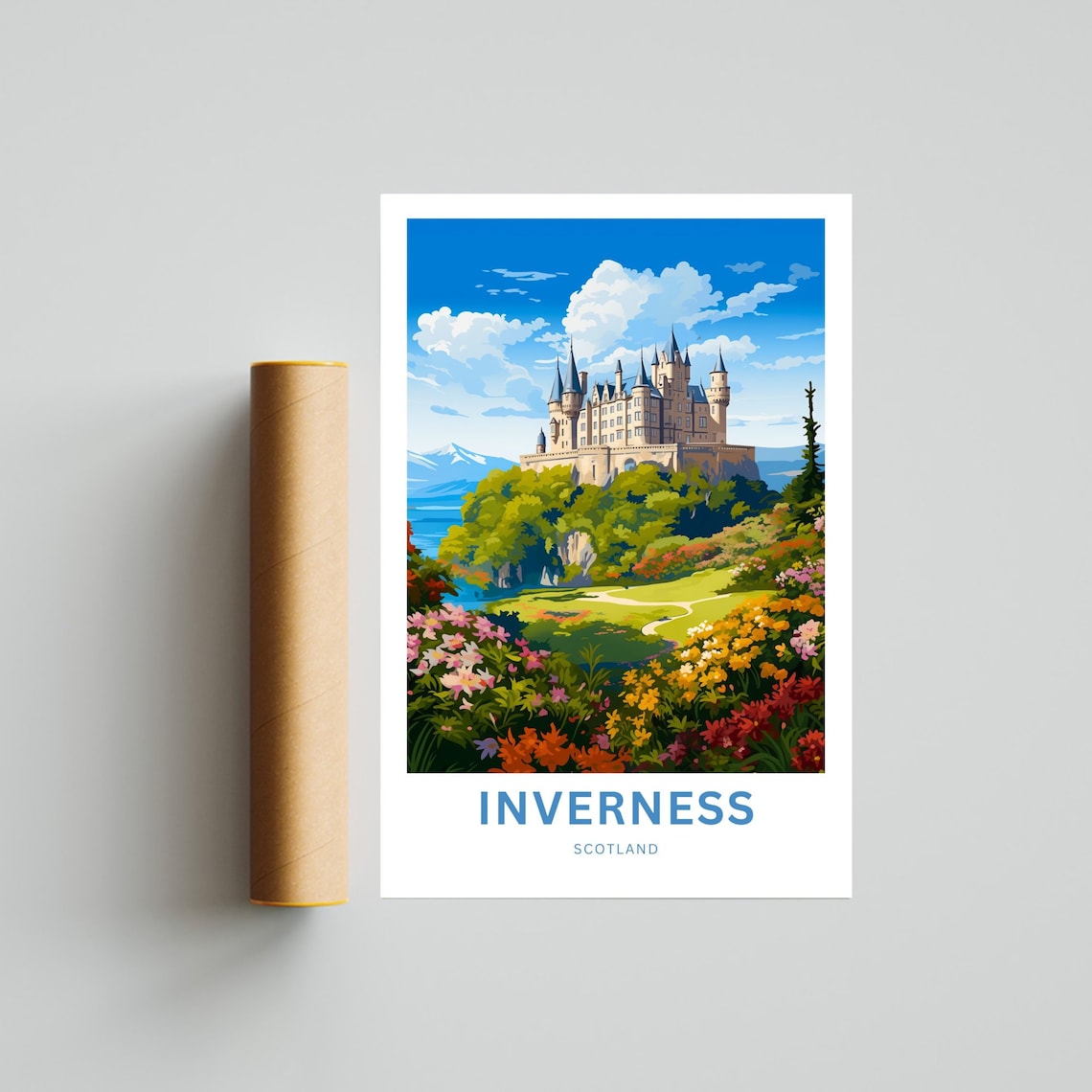Inverness Scotland Grand Castle Gardens Hillside Scene Poster - Image 4