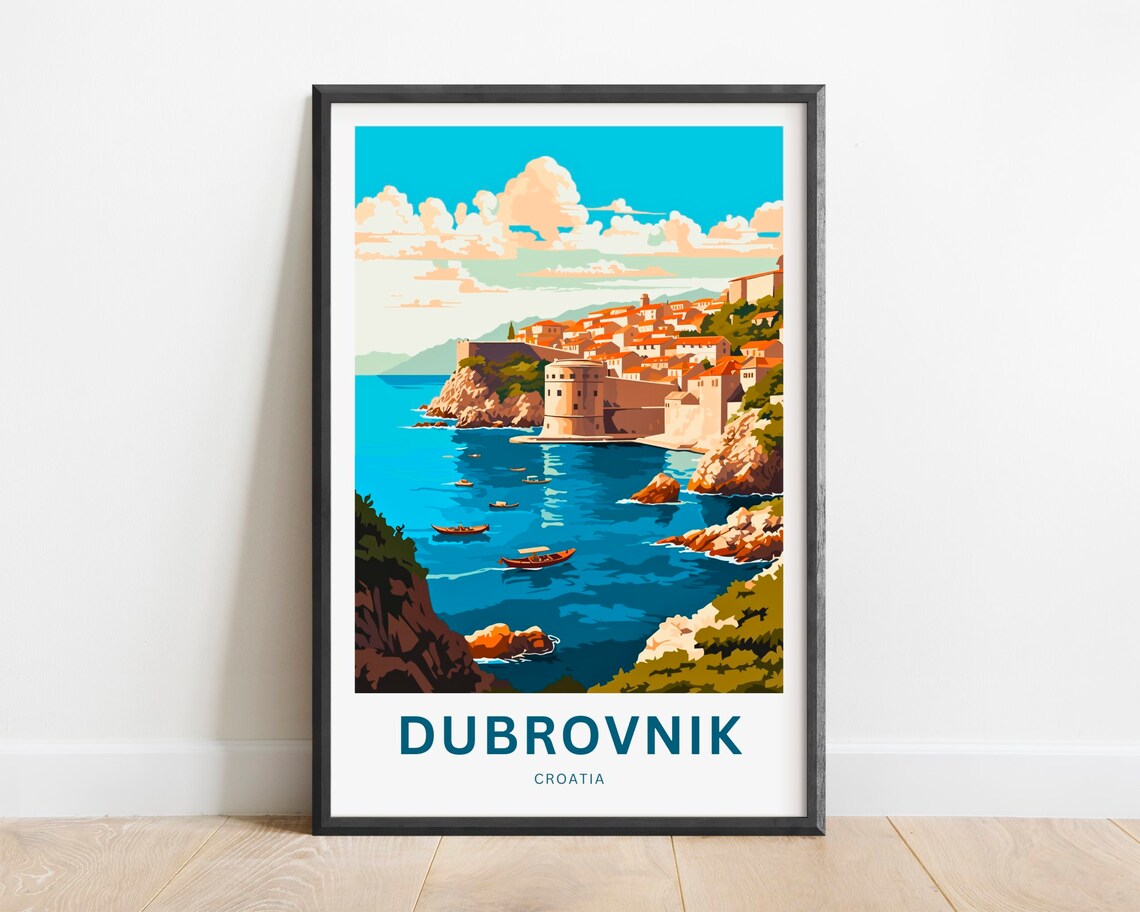 Dubrovnik Croatia Old Town Cliff Harbor Boats Travel Art Poster