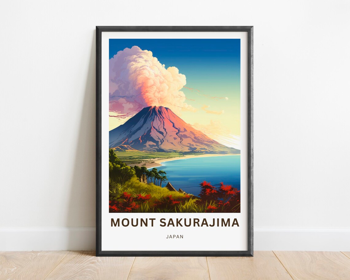 Mount Sakurajima Japan Active Volcano Coastal Bay Scenic Travel Poster
