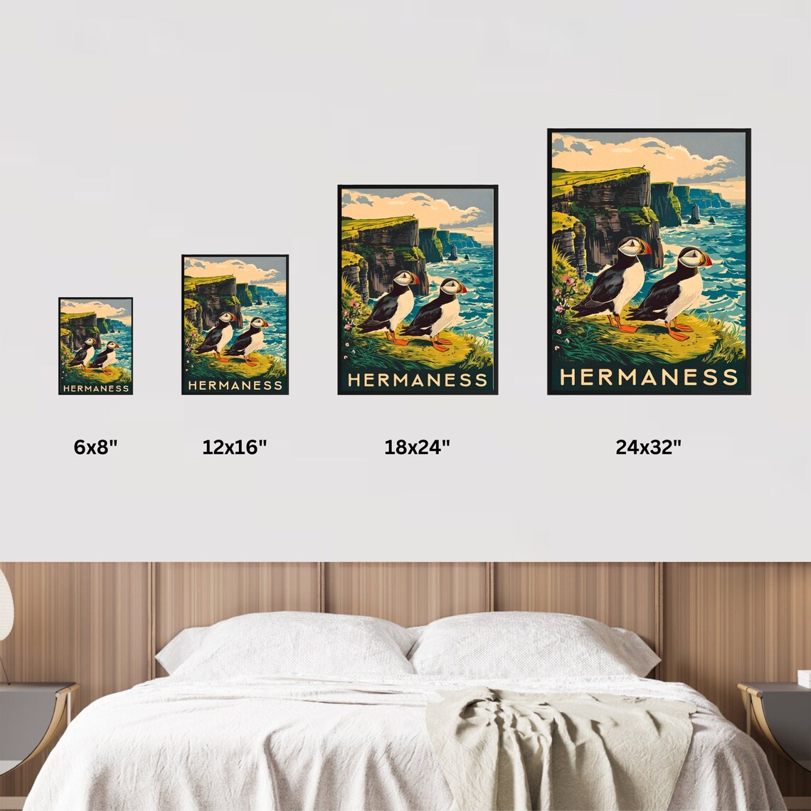 Hermaness Scotland Vintage Puffins on Cliff Over Ocean Waves Poster - Image 4