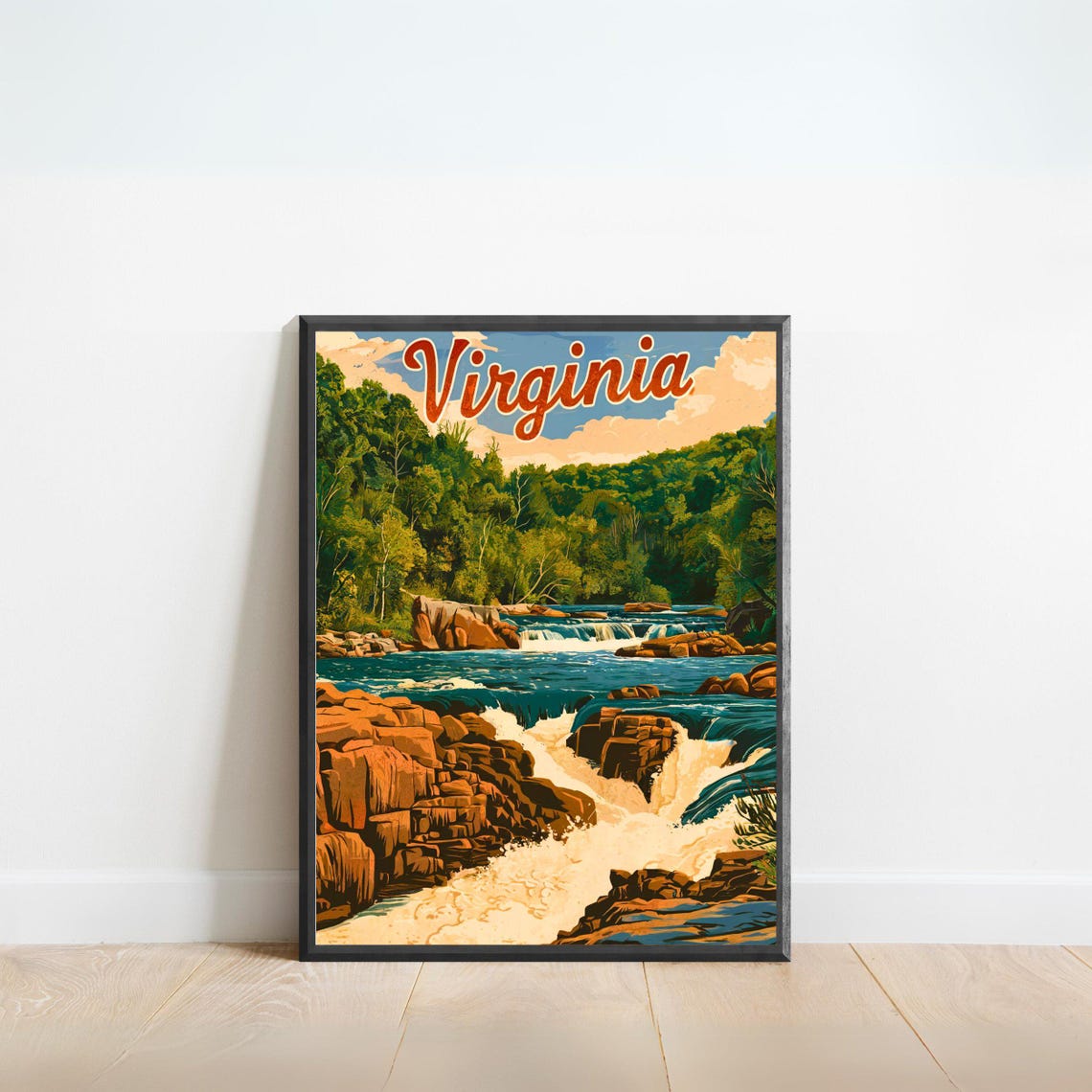 Virginia Vintage River Rapids Forest Waterfall Retro Travel Poster