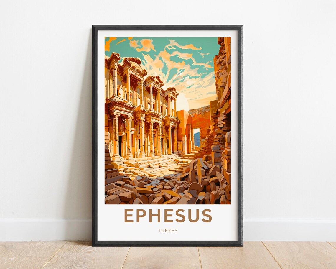Ephesus Turkey Travel Poster Ancient Ruins Library Stone Columns View Art