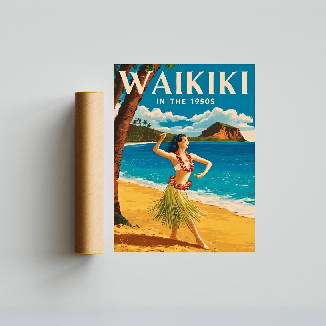 Waikiki in the 1950s Hula Dancer Retro Hawaii Beach Travel Poster - Image 4