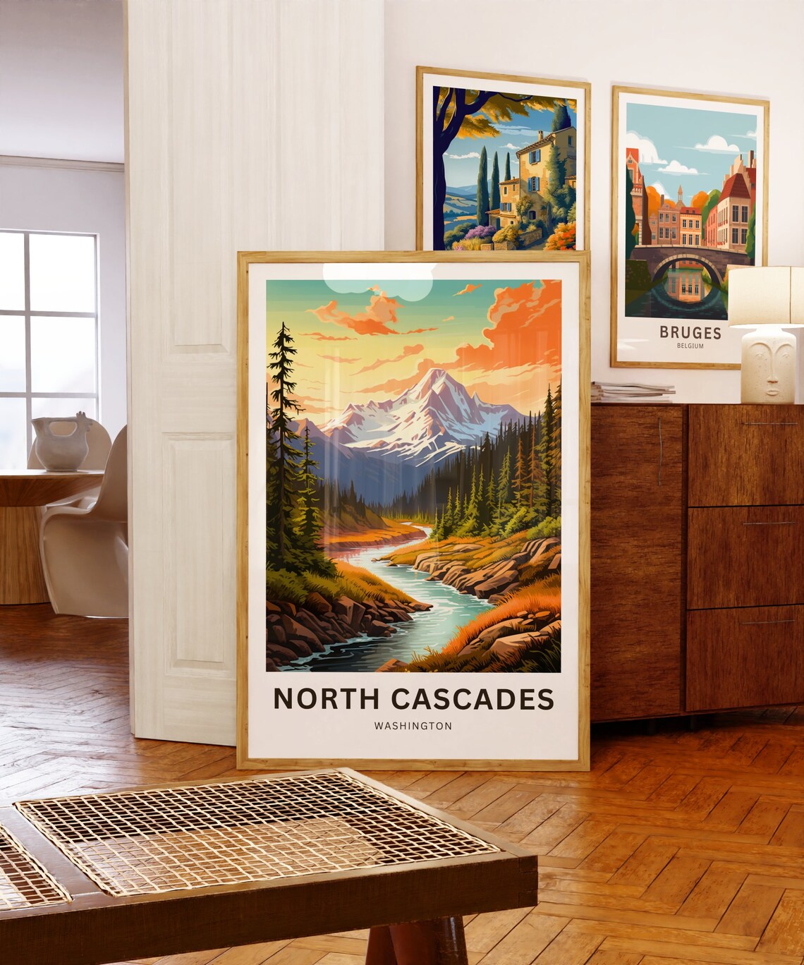 North Cascades Washington Sunset River Valley Retro Mountain Poster - Image 5