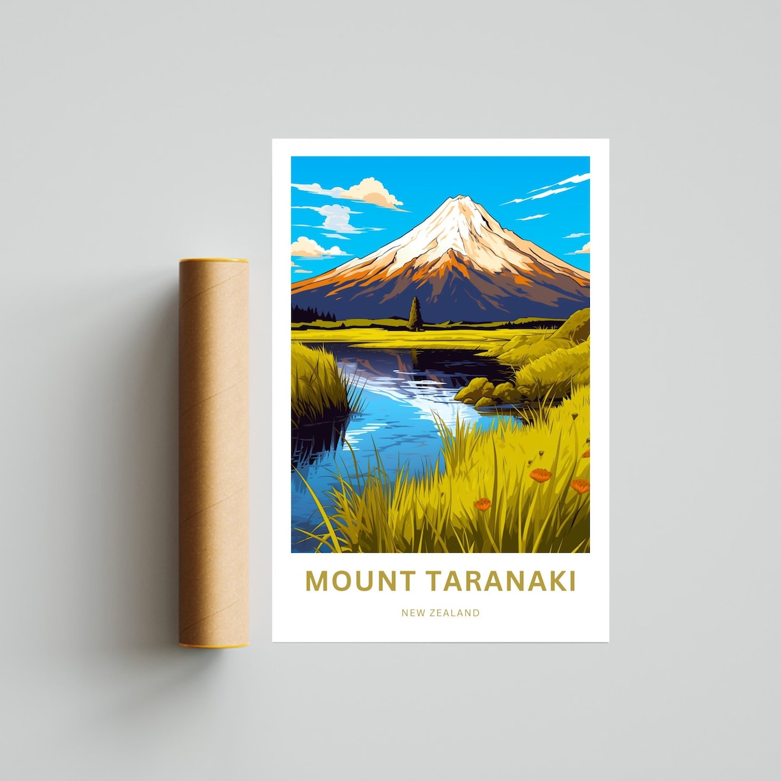 Mount Taranaki New Zealand Volcano Stream Golden Meadows Travel Poster - Image 2