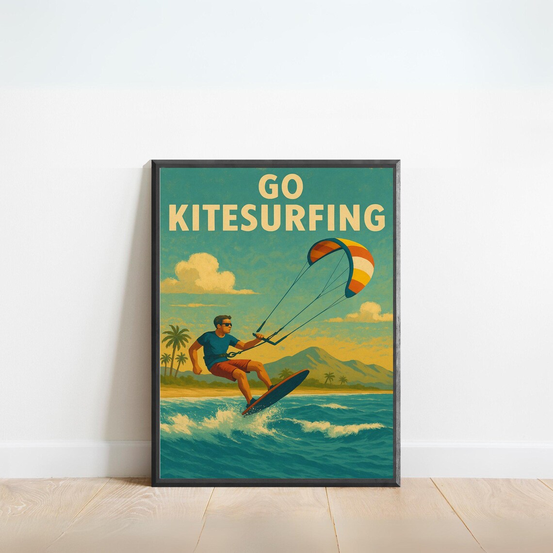 Go Kitesurfing Vintage Poster Retro Tropical Beach Water Sports Ocean View