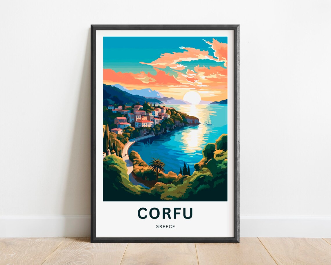 Corfu Greece Seaside Village Sunset Bay Vintage Travel Poster