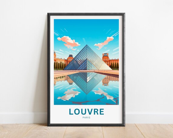 Louvre Paris Glass Pyramid Reflection Modern Vintage Travel Poster