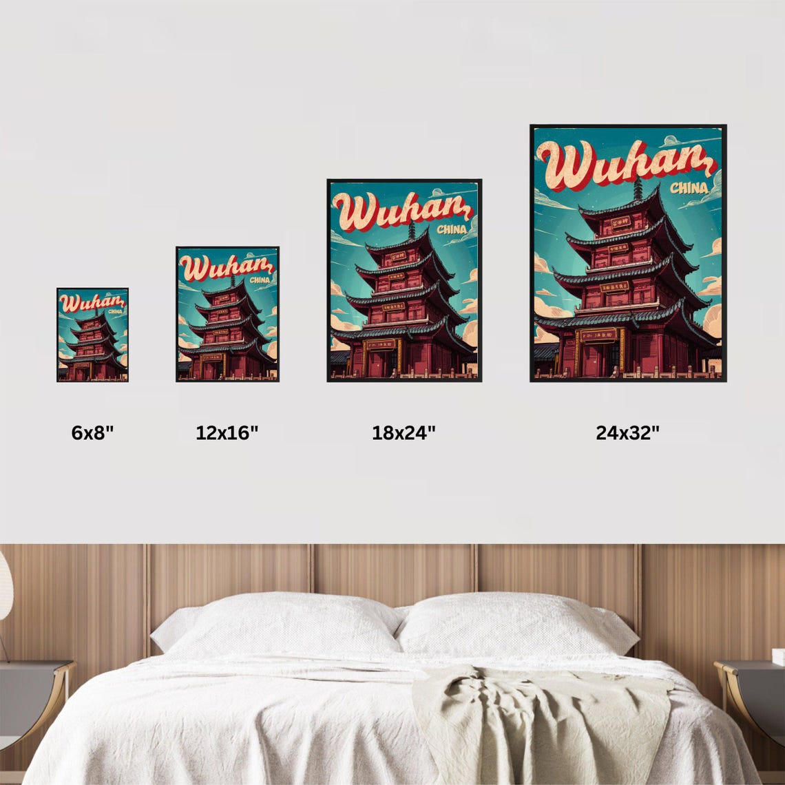 Wuhan China Retro Red Pagoda Tower Vintage Script Lettering Poster - Image 2