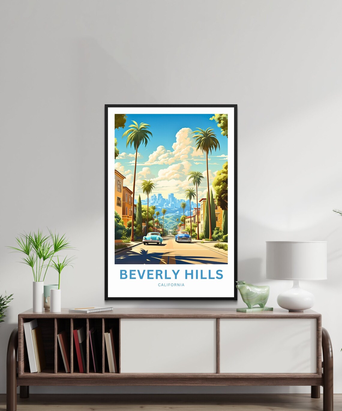 Beverly Hills Palm Street Classic Cars Skyline Vintage Travel Poster - Image 2