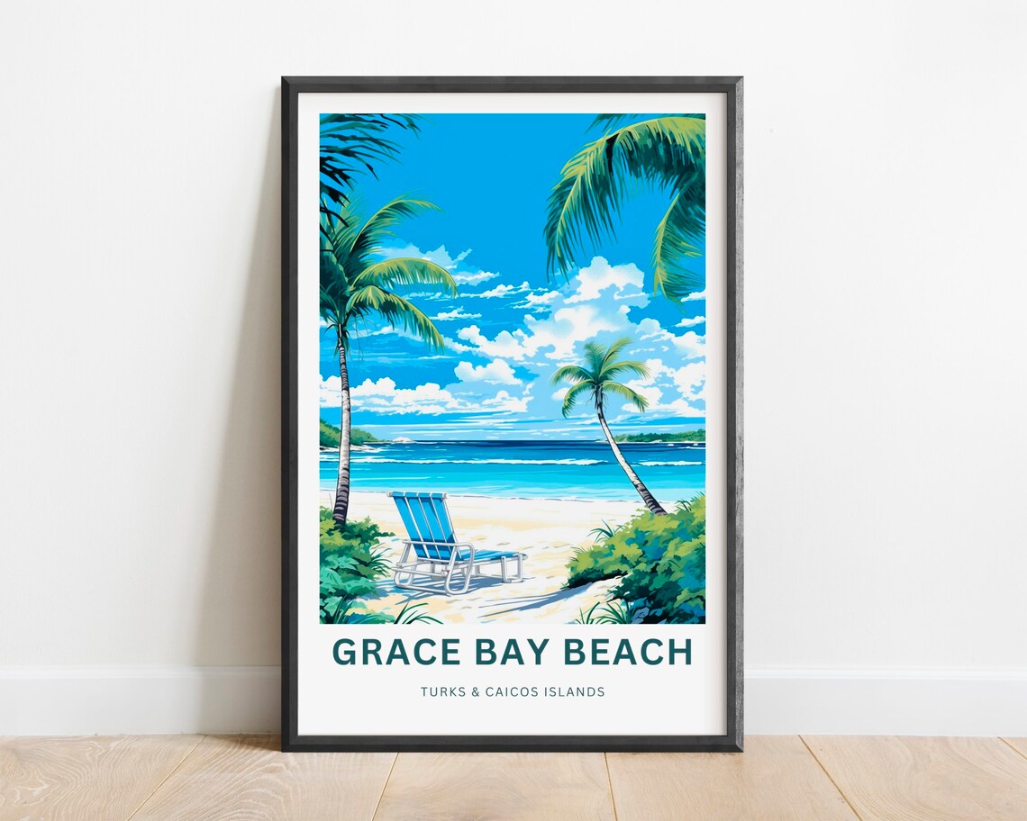 Grace Bay Beach Turks and Caicos Islands Palm Framed Ocean View Poster