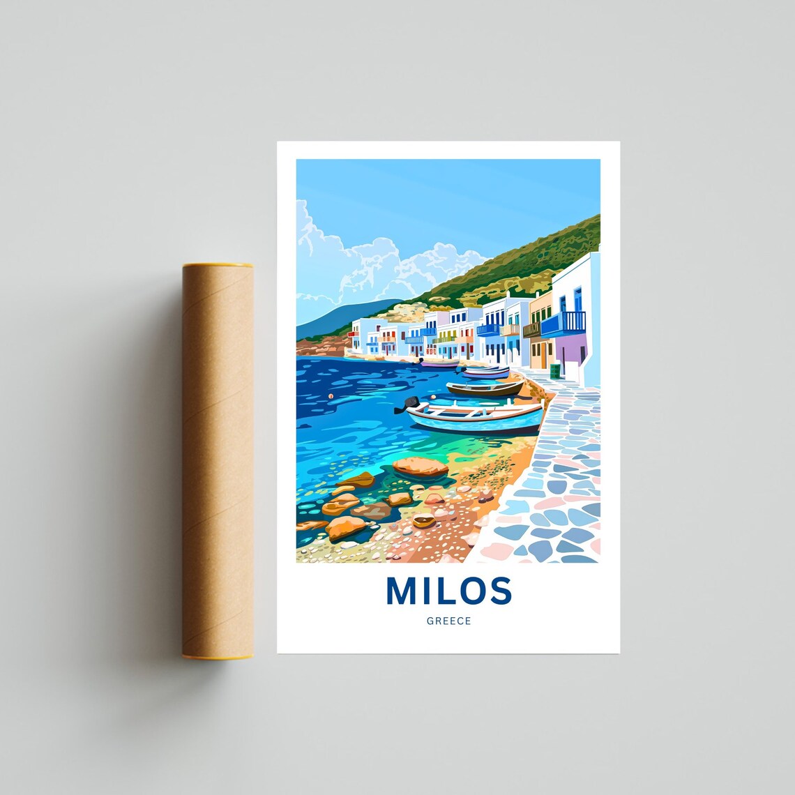 Milos Greece Colorful Waterfront Houses Stone Path Boats Travel Poster - Image 4