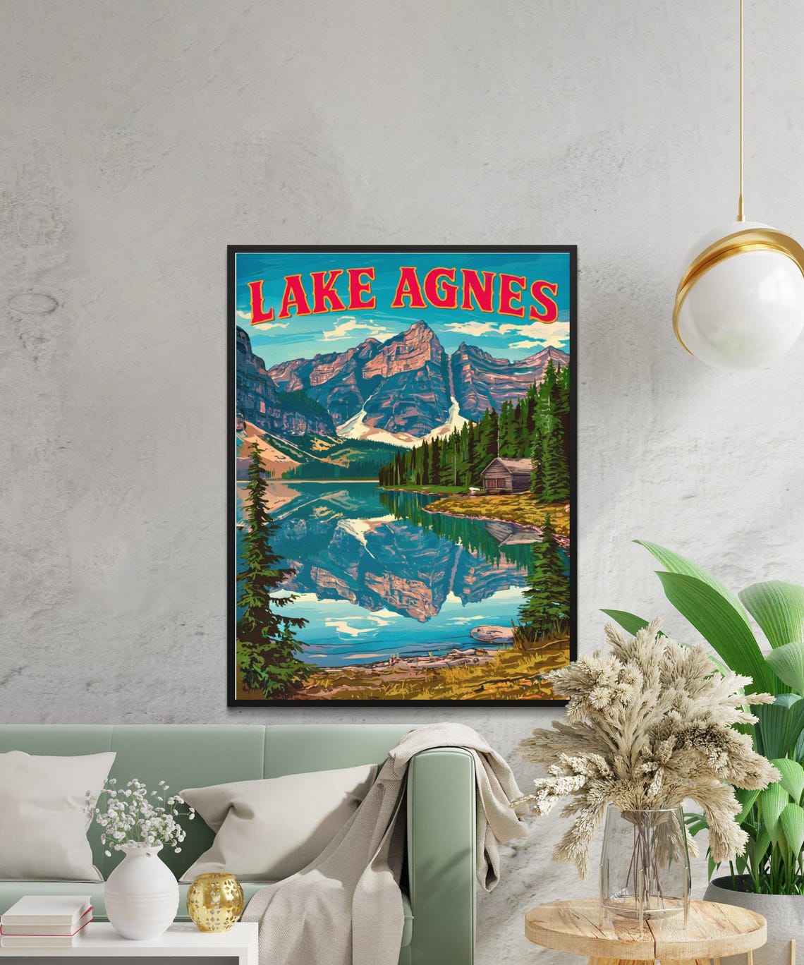 Lake Agnes Vintage Bold Red Letters Lakeside Cabin Reflection Poster - Image 3