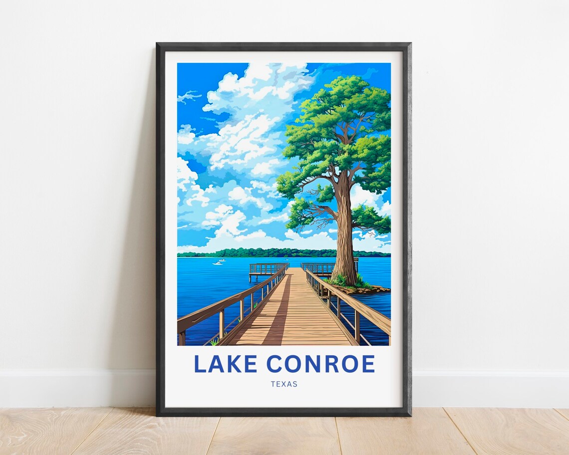 Lake Conroe Texas Wooden Pier Big Tree Summer Lake Travel Poster