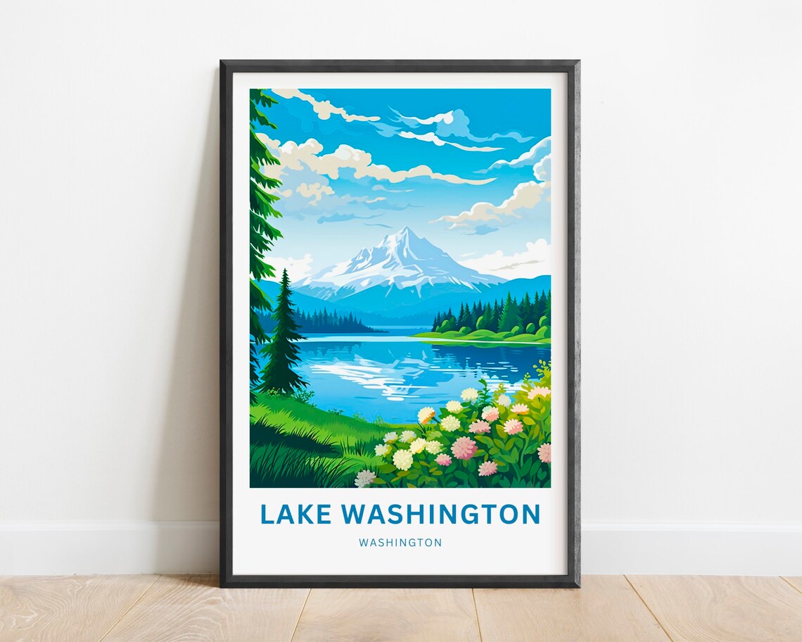 Lake Washington Snowcapped Peak Wildflower Lake Scene Poster