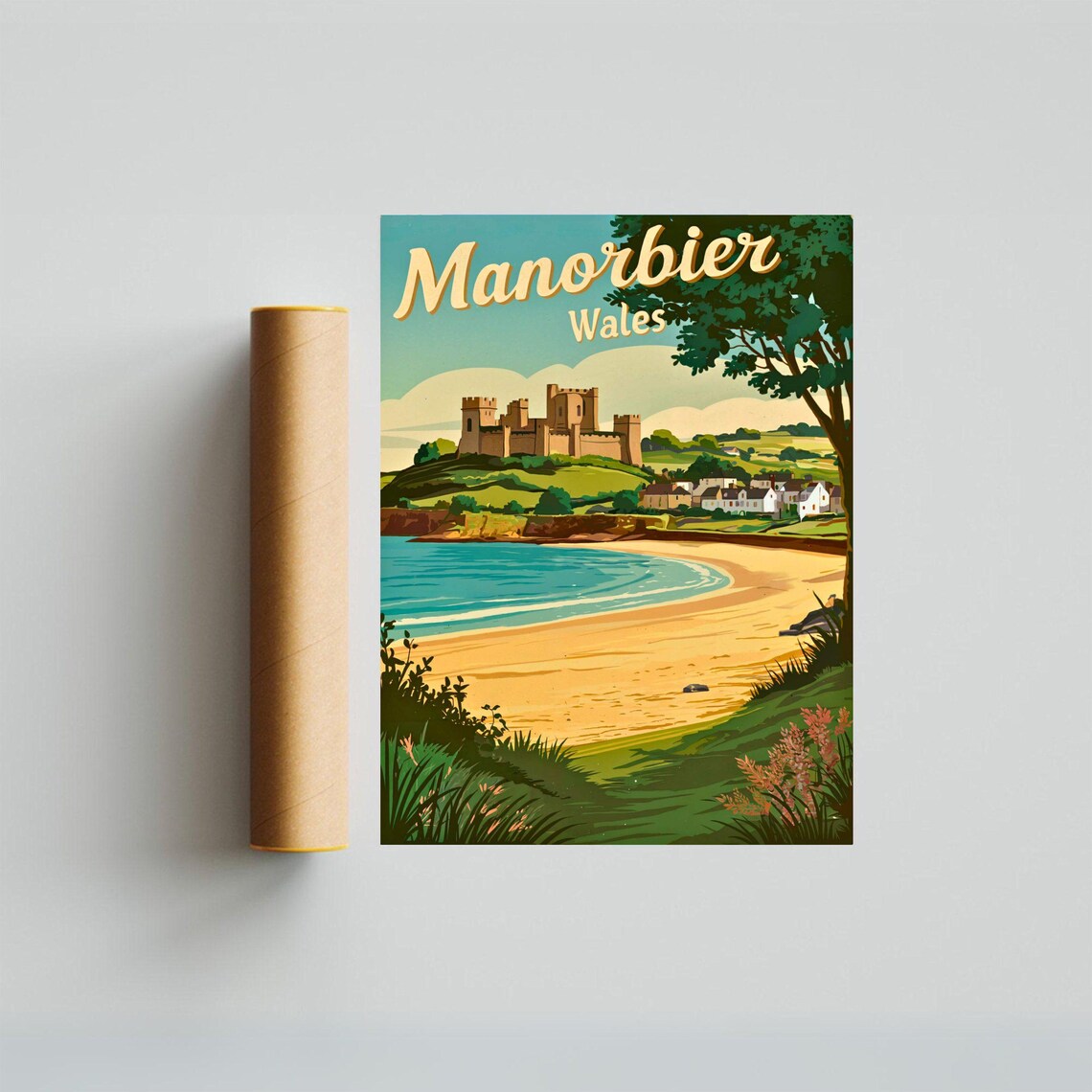 Manorbier Wales Vintage Castle Hill Beach Retro Travel Poster - Image 2