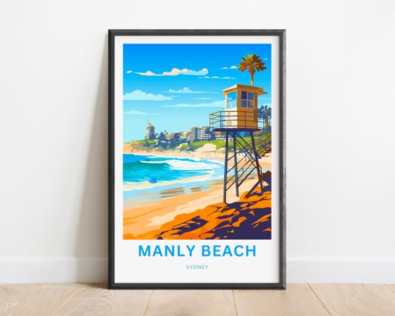 Manly Beach Travel Print Poster Sydney Wall Art Framed Gift Australia Decor Present Customize Your Text