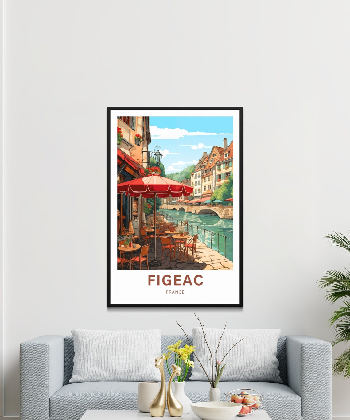 Figeac France Riverside Cafe Red Umbrellas Terrace Vintage Poster - Image 3