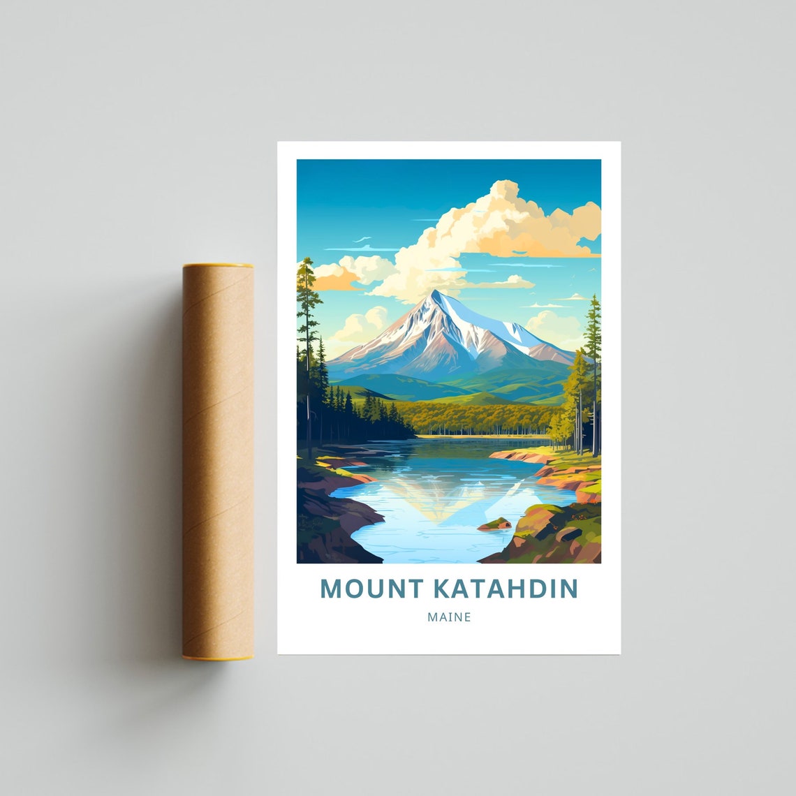 Mount Katahdin Maine Peak Reflected in Lake Travel Illustration Poster - Image 2