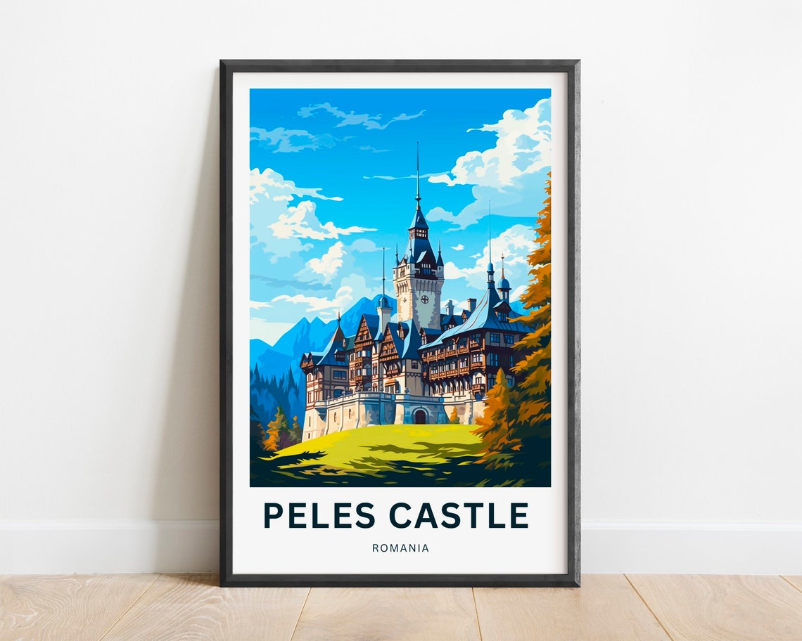 Peles Castle Romania Fairytale Vintage Travel Poster Mountain Castle