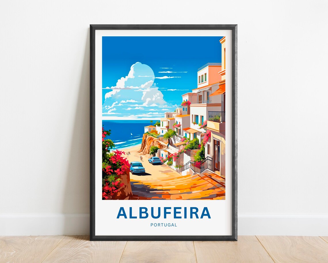 Albufeira Portugal Seaside Street Cars Beach Vintage Travel Poster