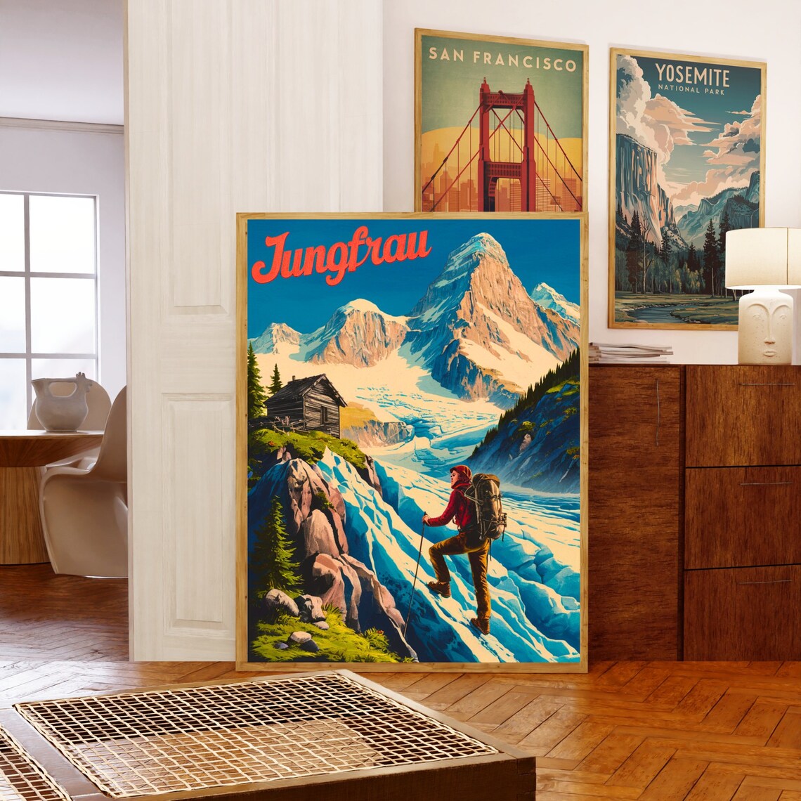 Jungfrau Switzerland Vintage Glacier Hiker Mountain Travel Poster - Image 5