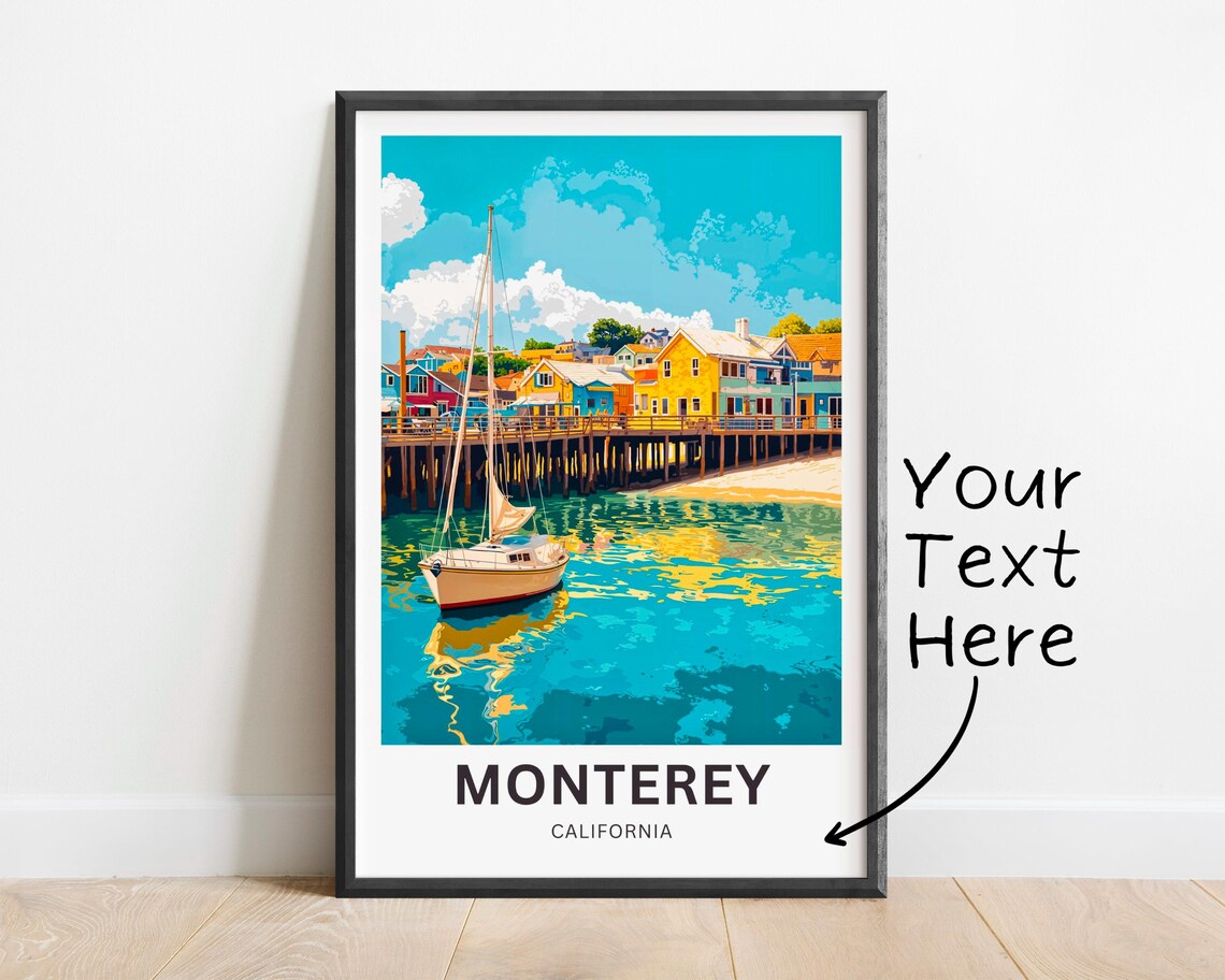 Monterey California Harbor Sailboat Colorful Pier Buildings Poster - Image 2