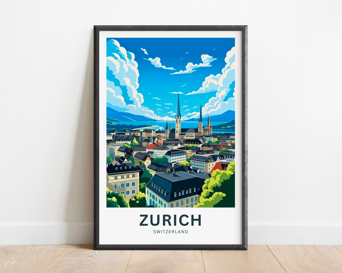 Zurich Switzerland City Skyline Lake Church View Travel Poster