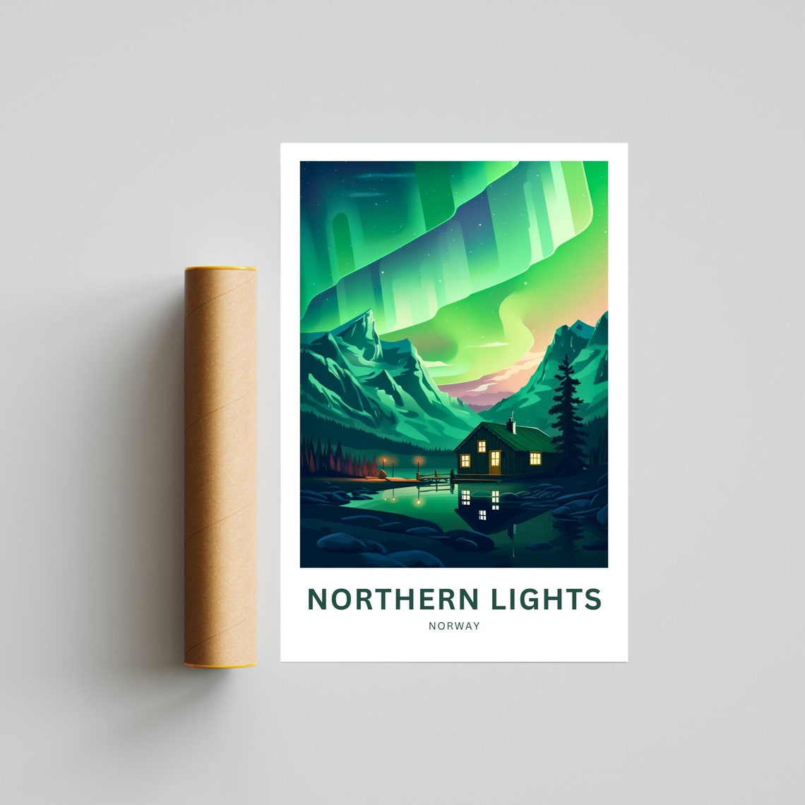 Northern Lights Norway Aurora Borealis Cabin Lake Personalized Poster - Image 4