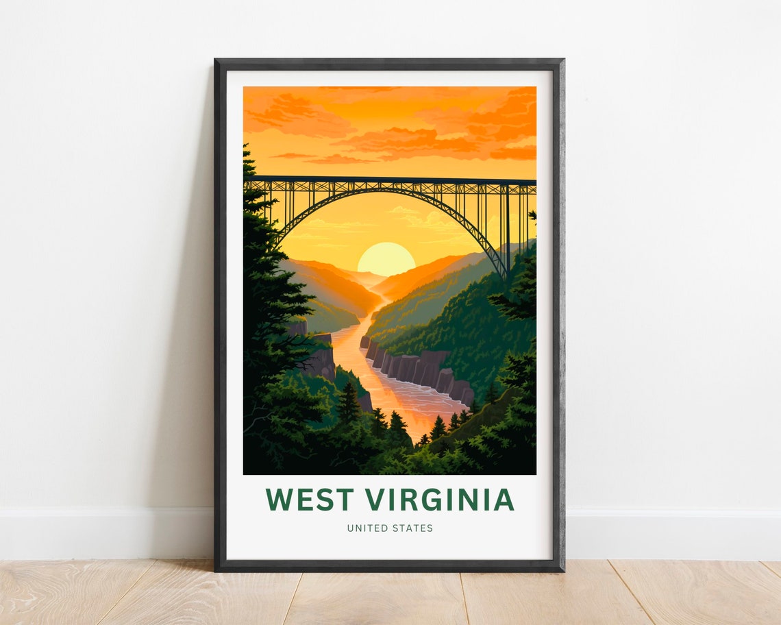 West Virginia Steel Arch Bridge Sunset River Gorge Travel Poster