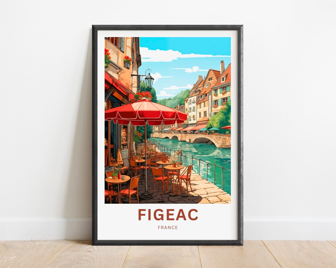 Figeac France Riverside Cafe Red Umbrellas Terrace Vintage Poster