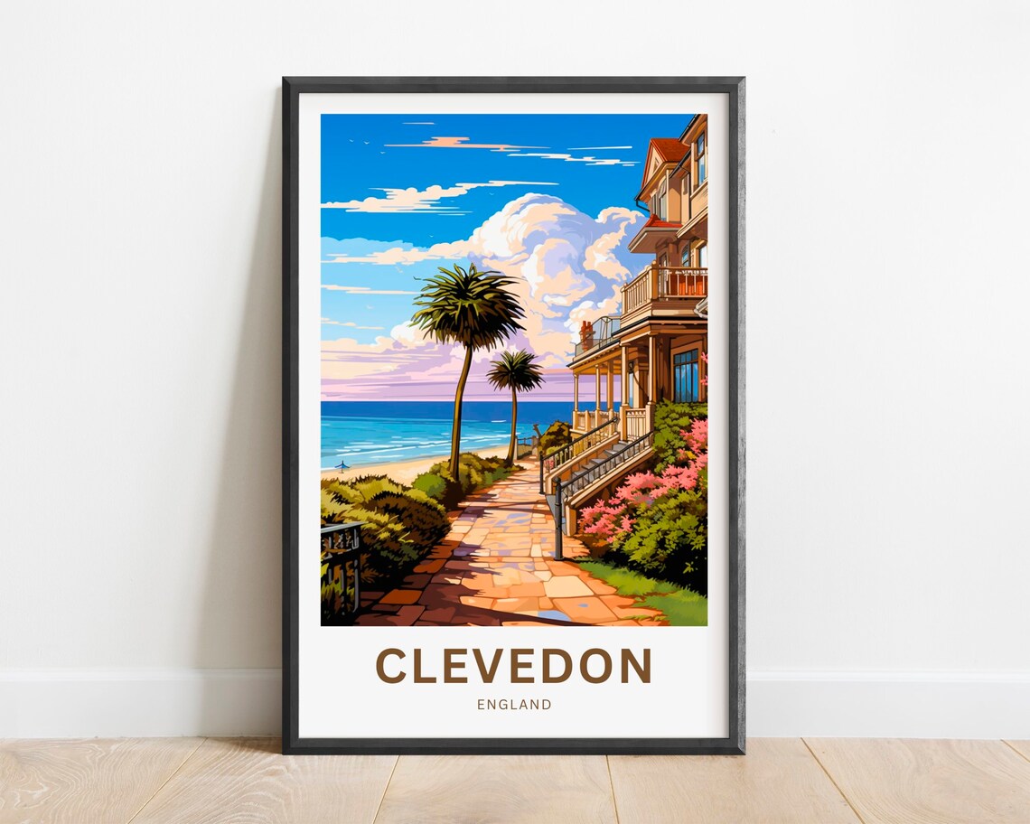Clevedon England Seaside Path Victorian Houses Beach Travel Poster