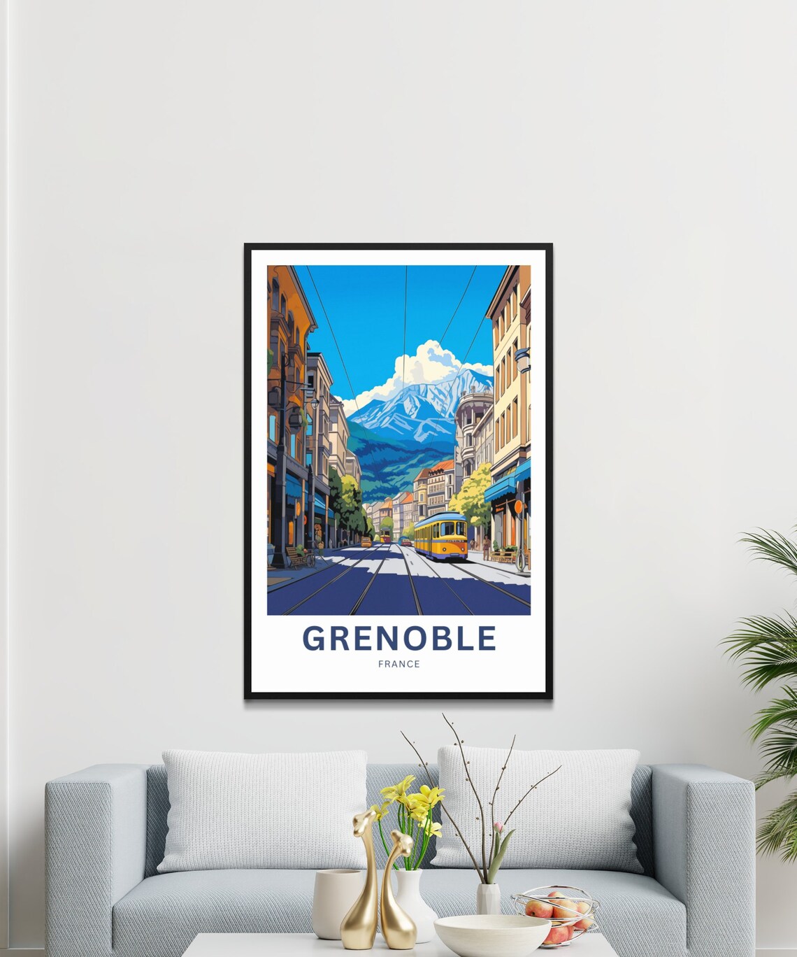 Personalized Grenoble France Tram Street and Snowy Alps Custom Poster - Image 3