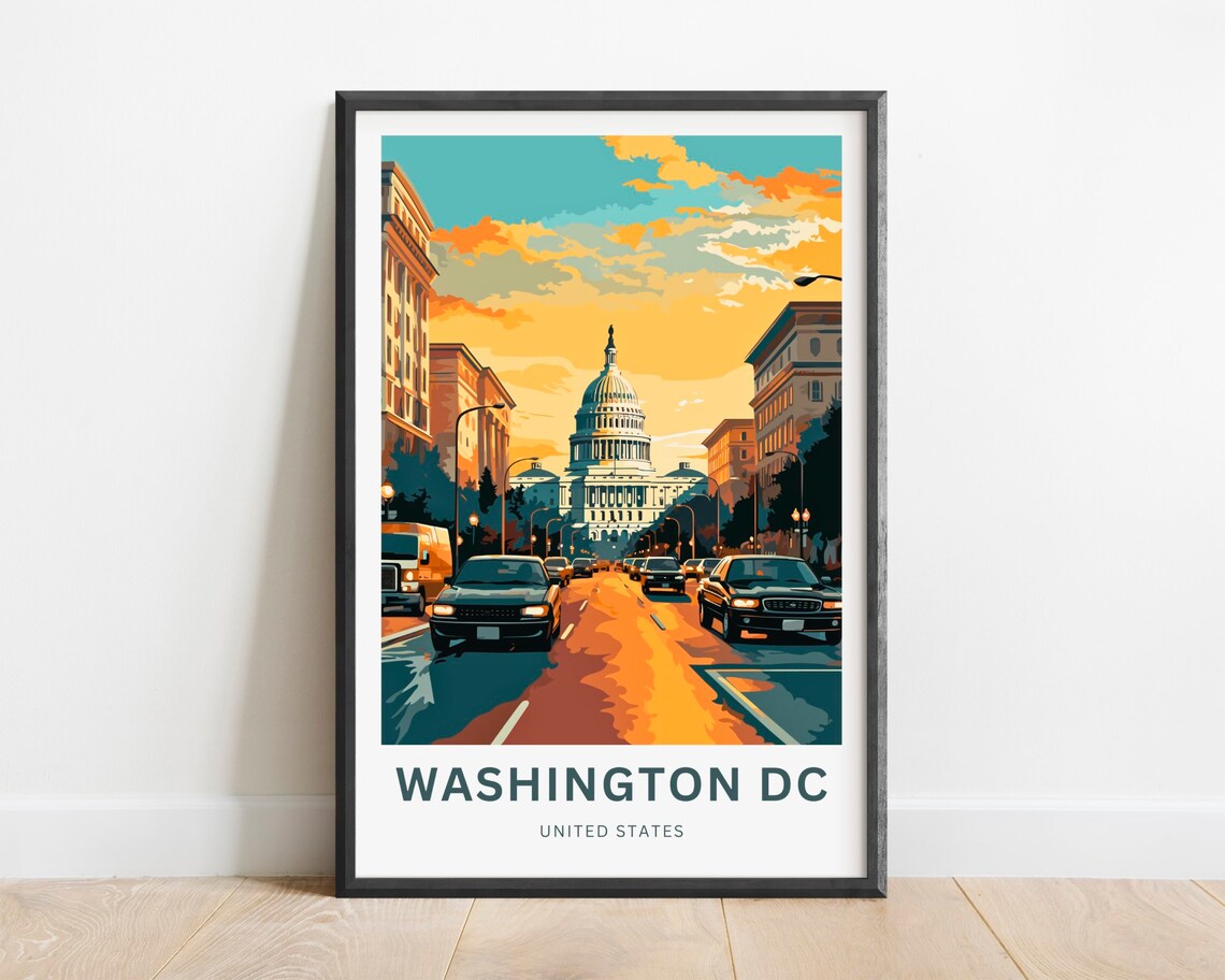 Washington DC Capitol Sunset Street Cars Downtown City Travel Poster