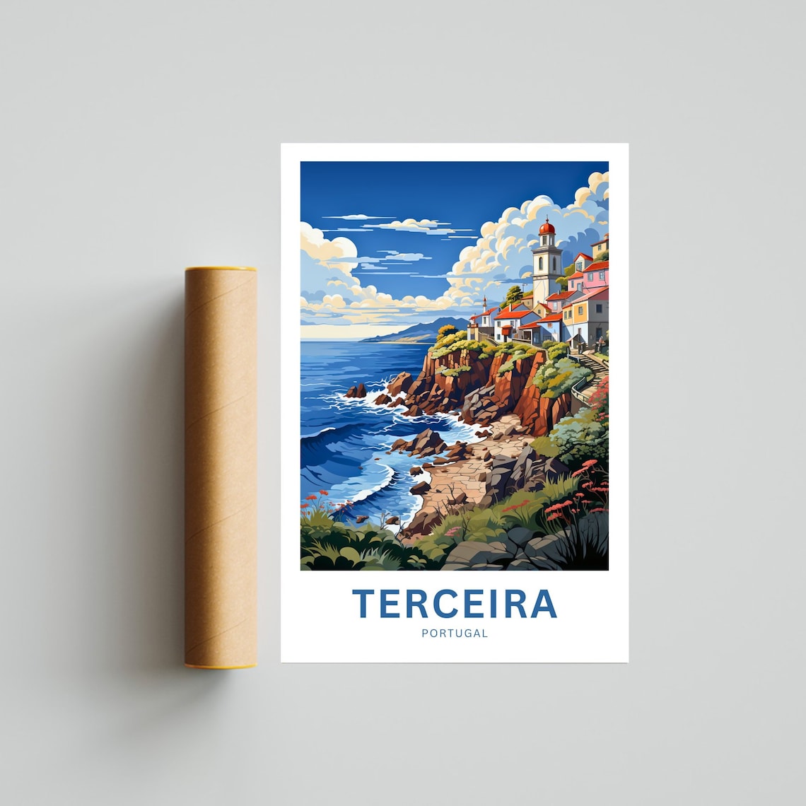Terceira Portugal Rocky Coast Village Church Tower Travel Poster - Image 4