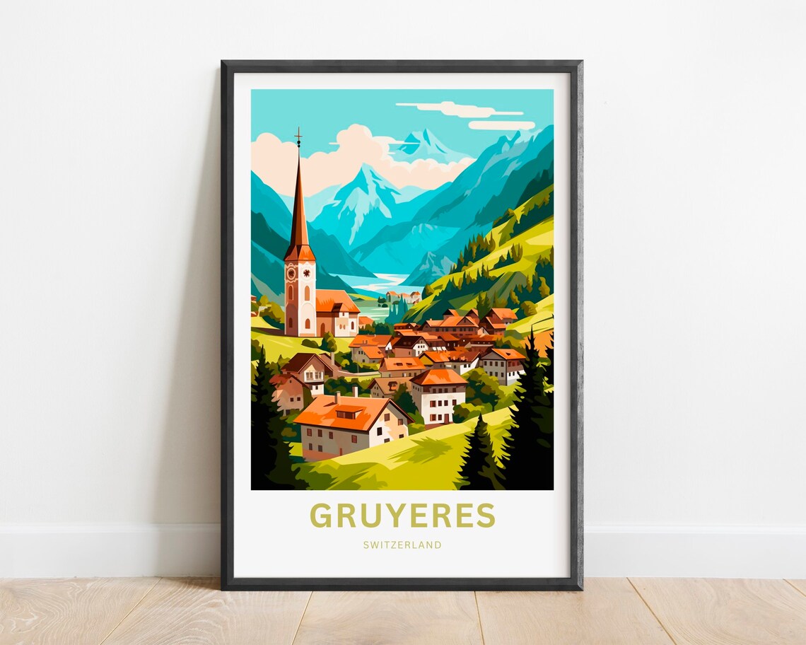 Gruyeres Switzerland Travel Poster Alpine Village Mountain Art