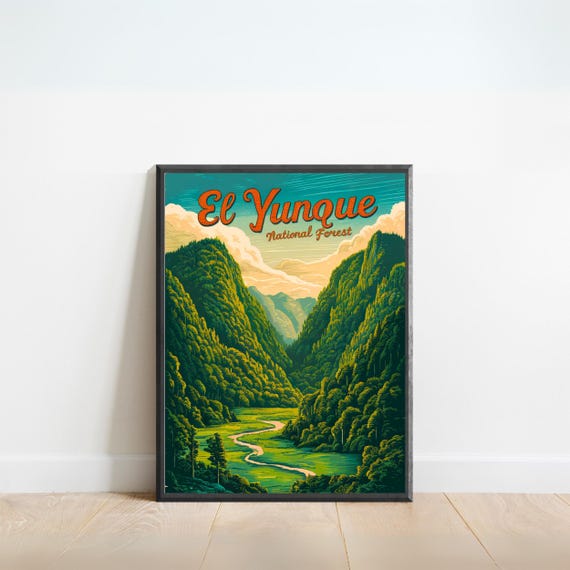 El Yunque Vintage Travel Poster El Yunque National Forest River Print Puerto Rico Wall Art Framed Gift Puerto Rico Present