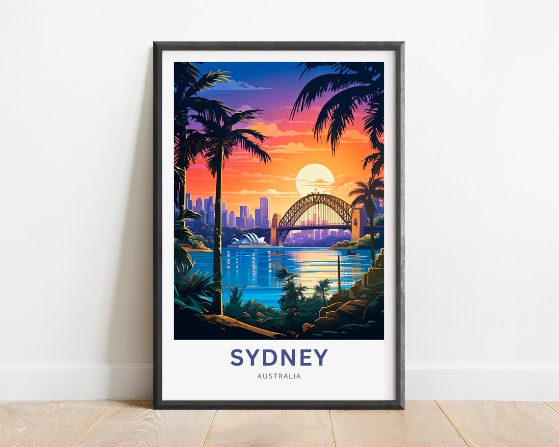 Sydney Australia Sunset Palms Opera House Harbour Travel Poster