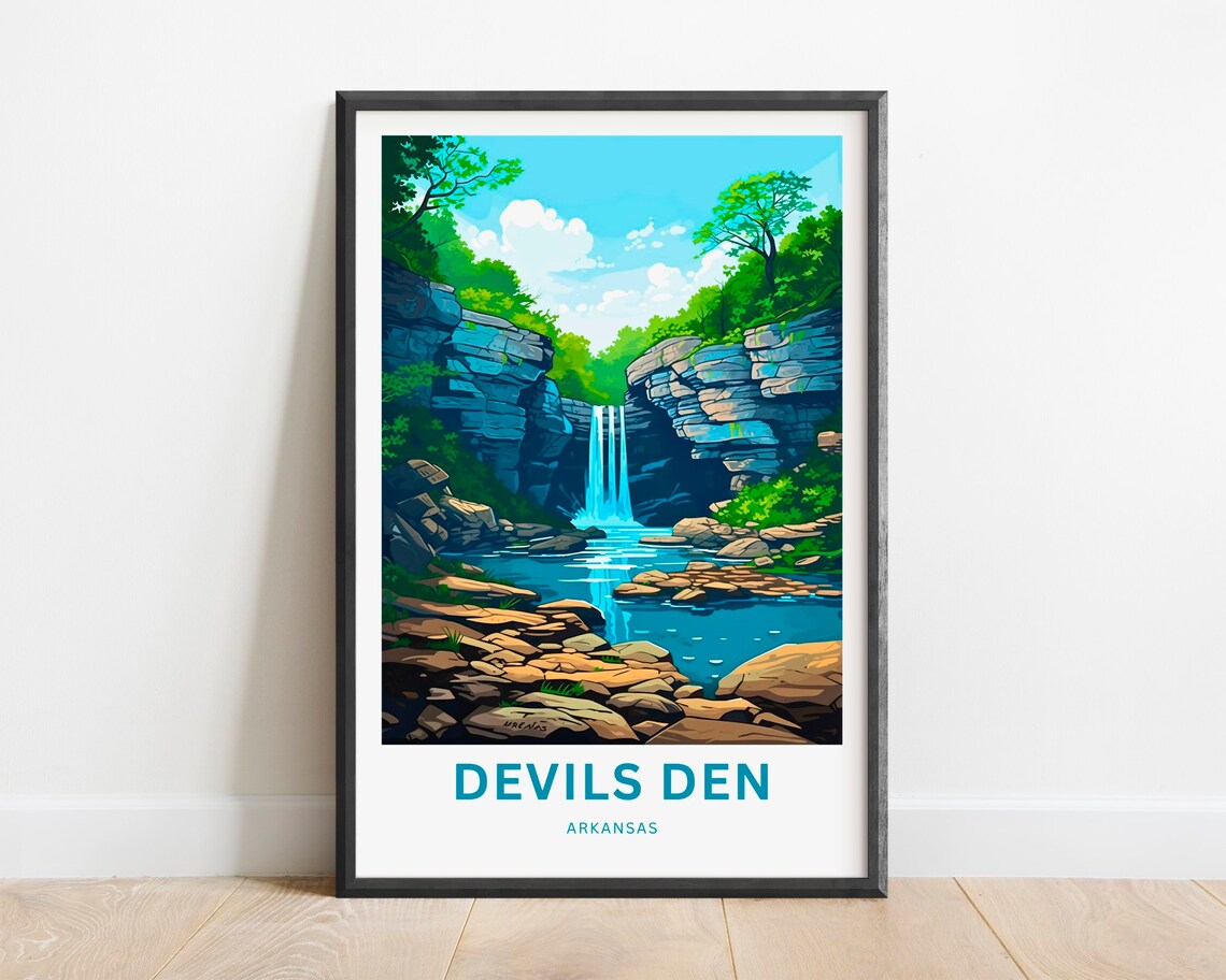 Devils Den Arkansas Gorge Waterfall Travel Illustration Poster