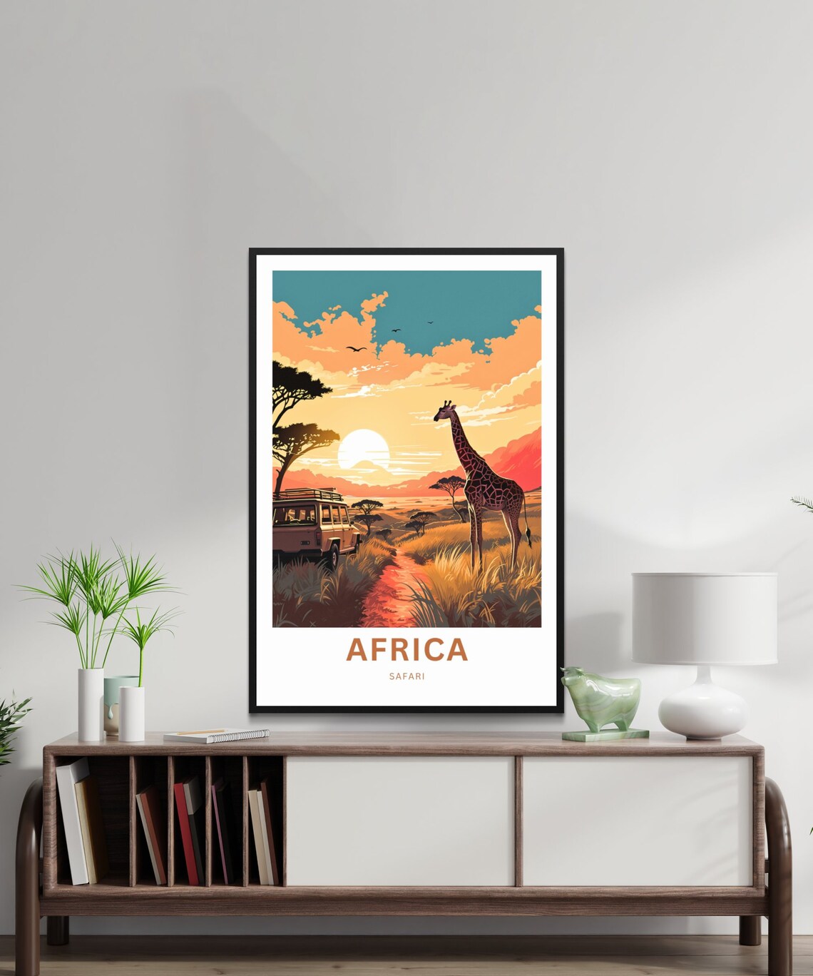 Africa Safari Giraffe and Jeep at Sunset Savanna Scene Poster - Image 2