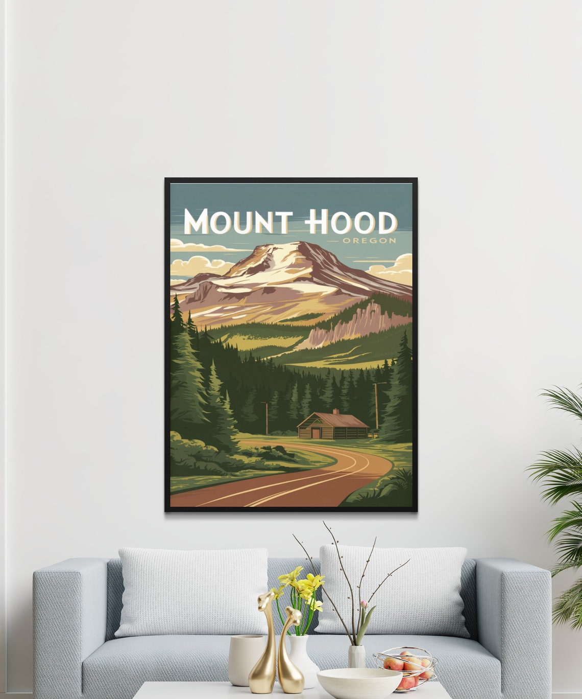 Mount Hood Oregon Vintage Poster with Sunrise over Pine Forest Cabin