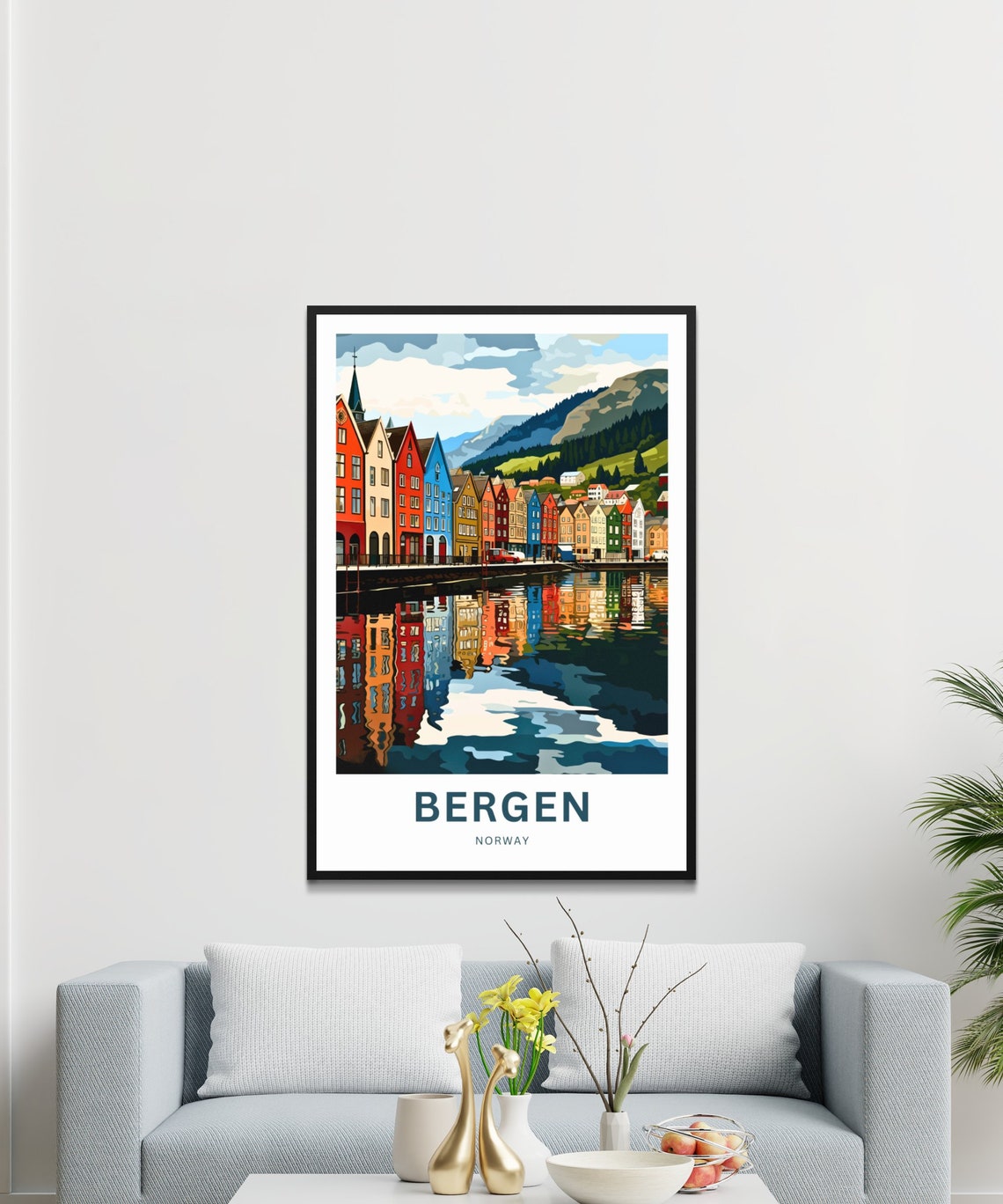 Personalized Bergen Norway Bryggen Harbor Houses Reflection Poster - Image 3
