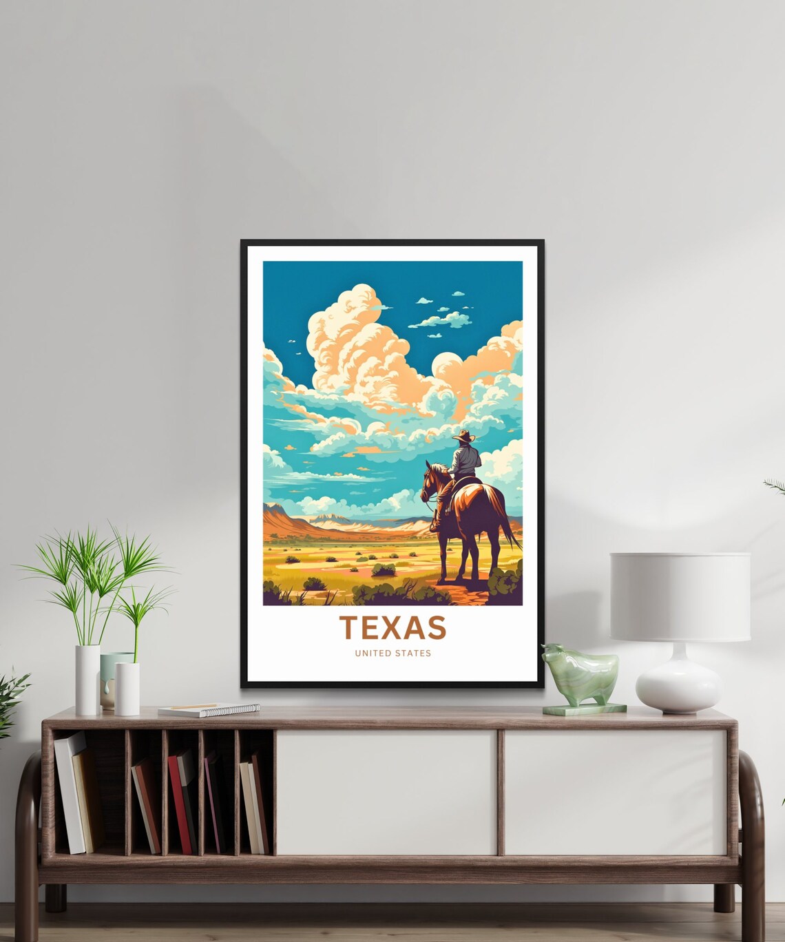 Texas Cowboy On Horseback Desert Sunset Clouds Travel Art Poster - Image 2
