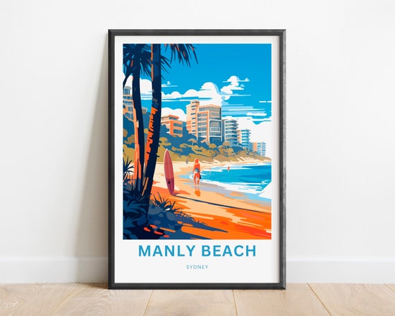 Manly Beach Travel Print Poster Sydney Wall Art Framed Gift Australia Decor Present Customize Your Text