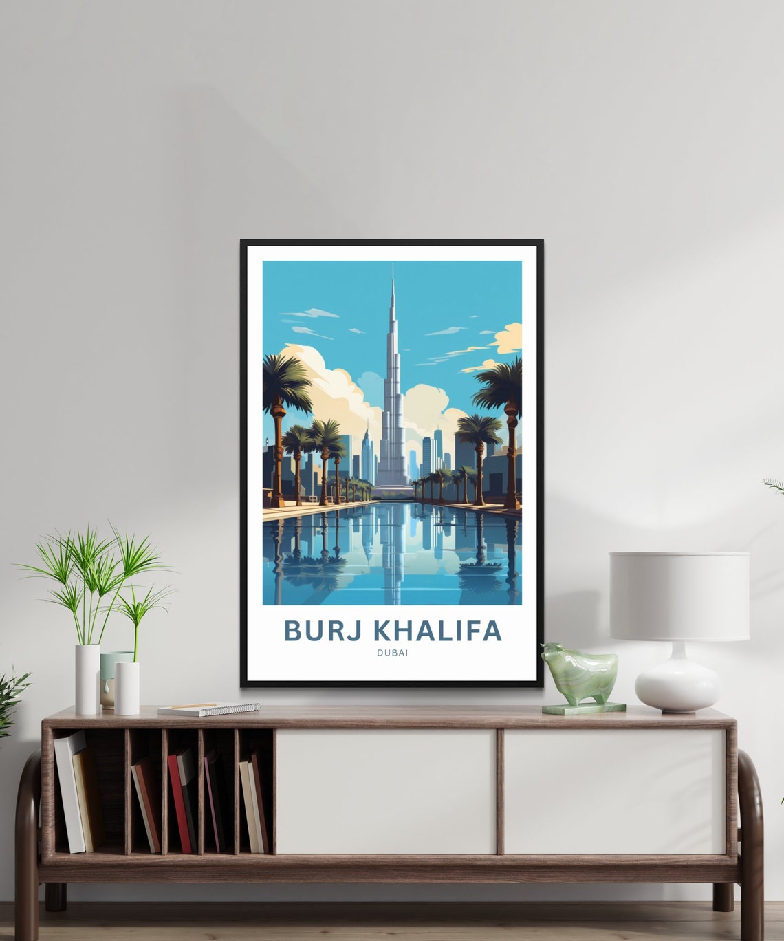 Burj Khalifa Dubai Skyline Palm Trees Water Reflection Travel Poster - Image 2