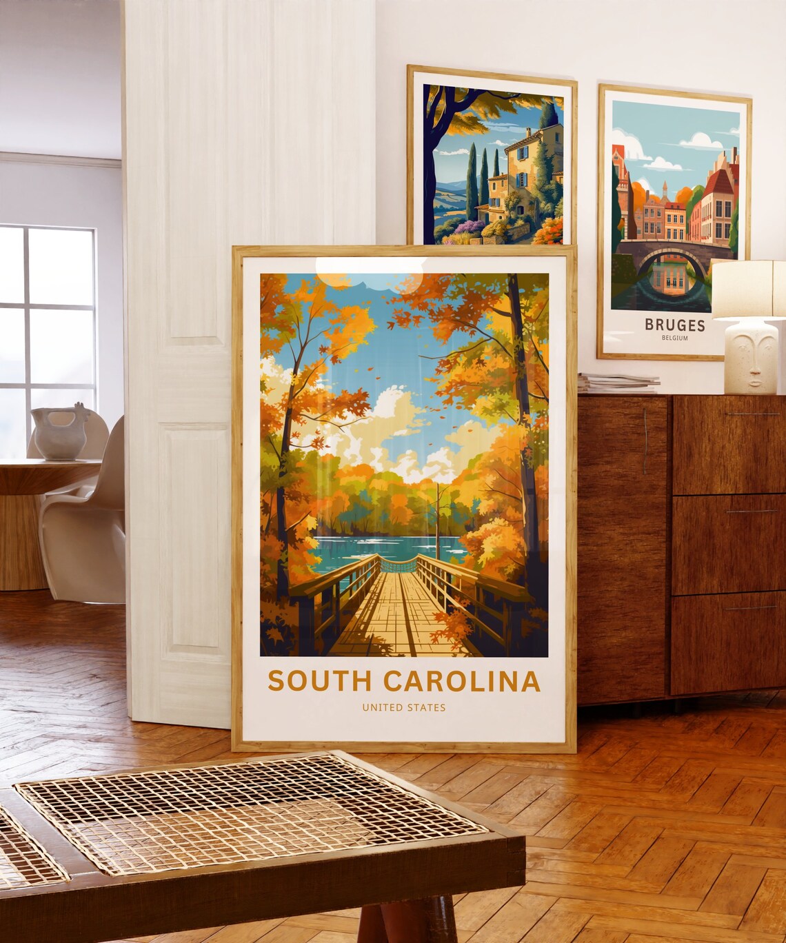 South Carolina United States Autumn Boardwalk Lake Travel Poster - Image 5